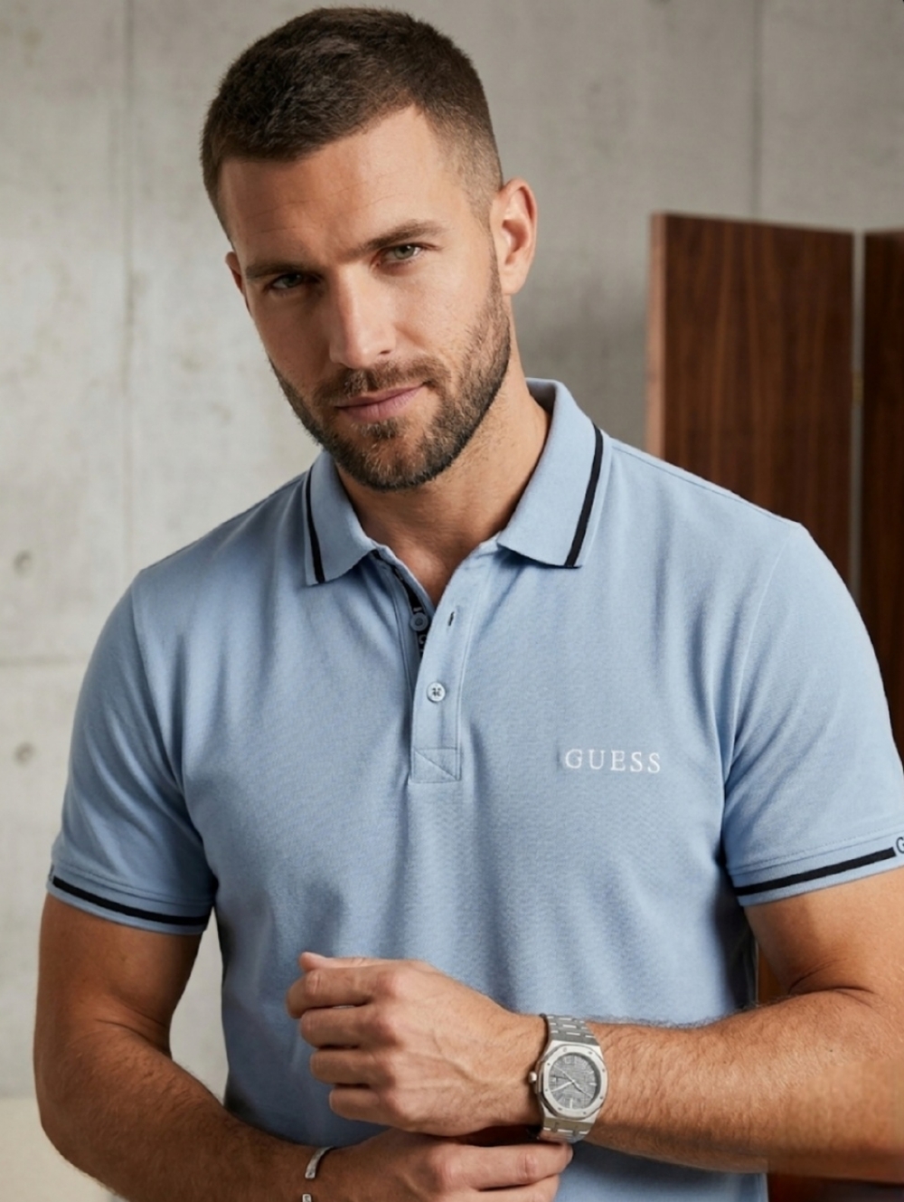 GUESS Blue Gray 100% Cotton Men's Casual Short Sleeve Polo Size Large